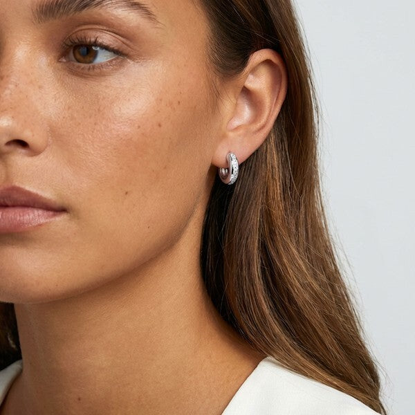 MUCHV silver huggie hoop earrings with cubic zirconia, UK version