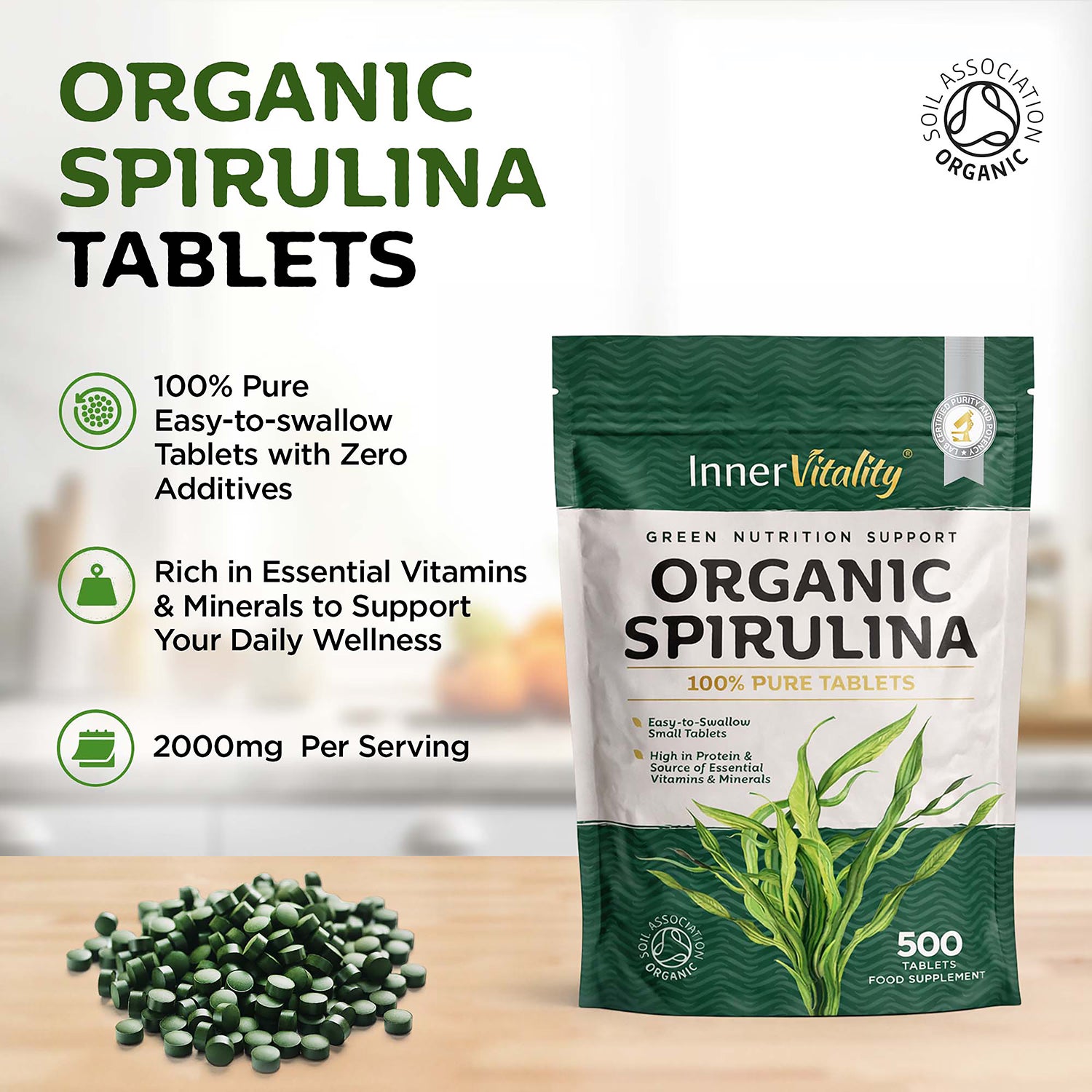 Inner Vitality organic spirulina tablets 500 count, imported from the UK