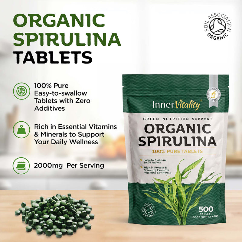 Inner Vitality organic spirulina tablets 500 count, imported from the UK