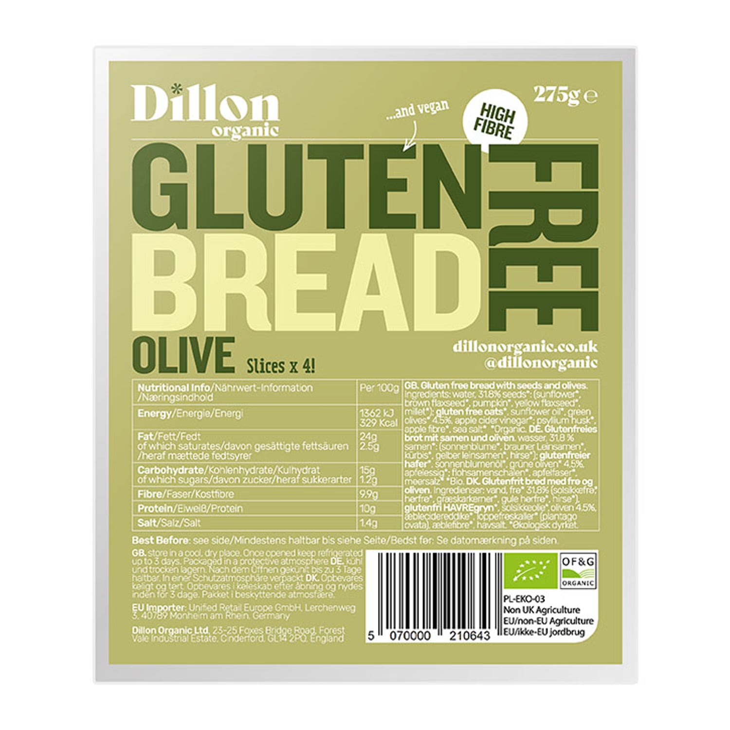 Dillon Organic Sliced Gluten Free Olive Bread 275g
