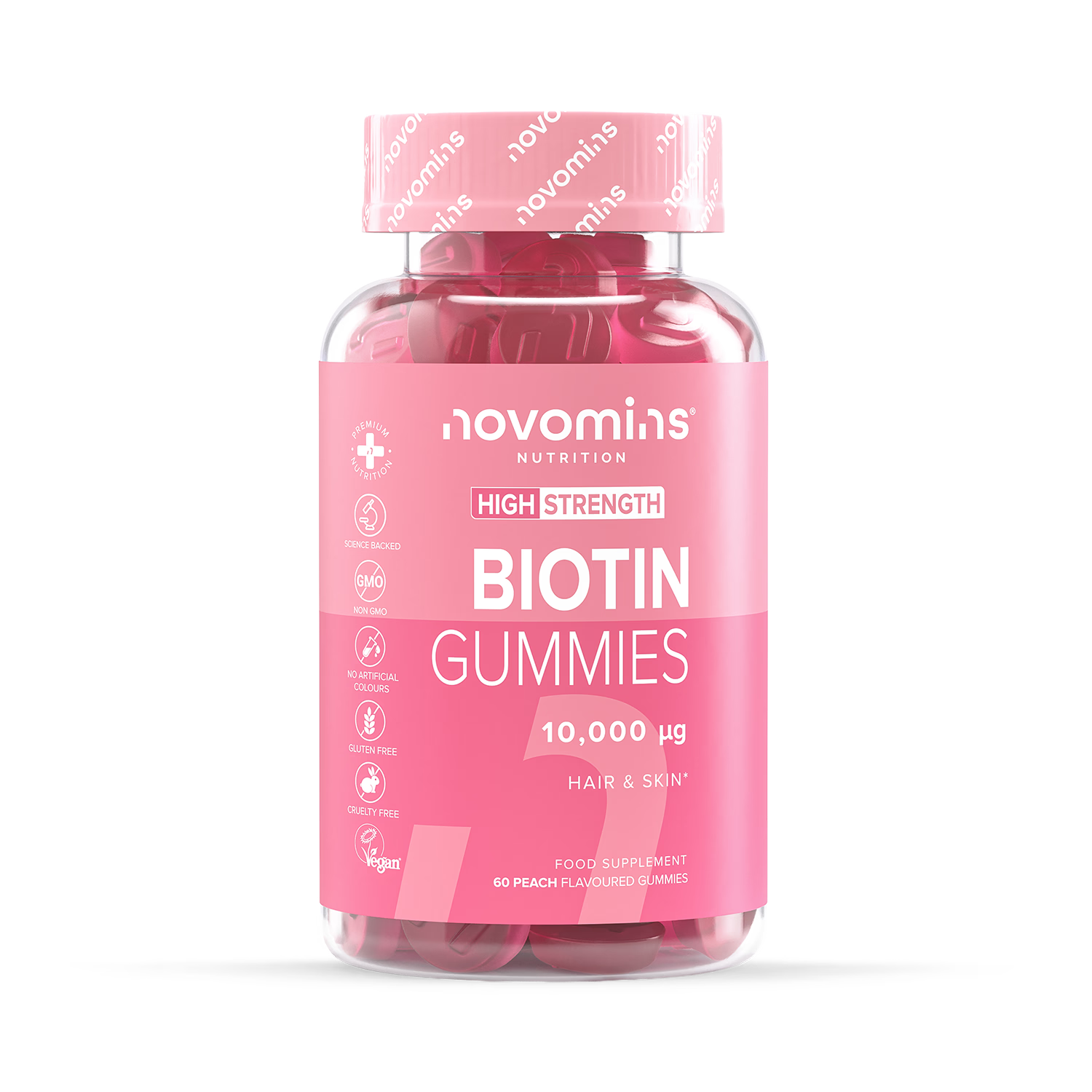 Novomins biotin gummies peach flavoured 60 gummies, imported from the UK