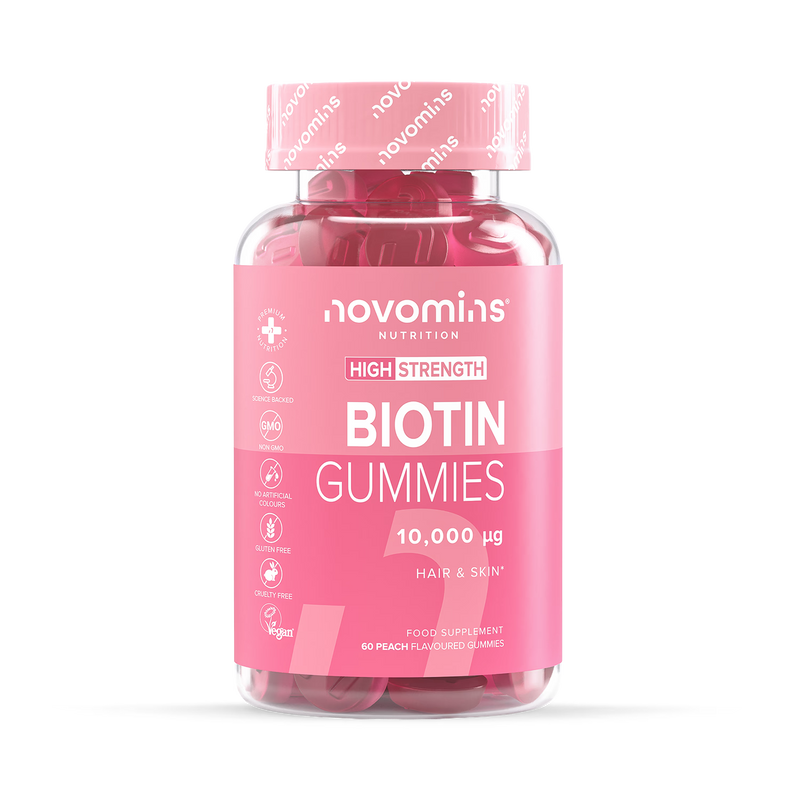 Novomins biotin gummies peach flavoured 60 gummies, imported from the UK