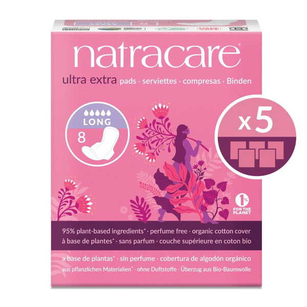 Natracare Ultra Extra Long sanitary pads 40 pack, imported from the UK