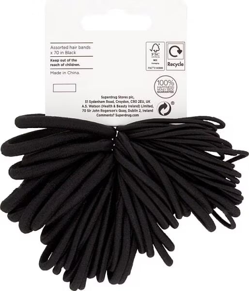Superdrug black hair bands assorted sizes pack of 70 (British brand)