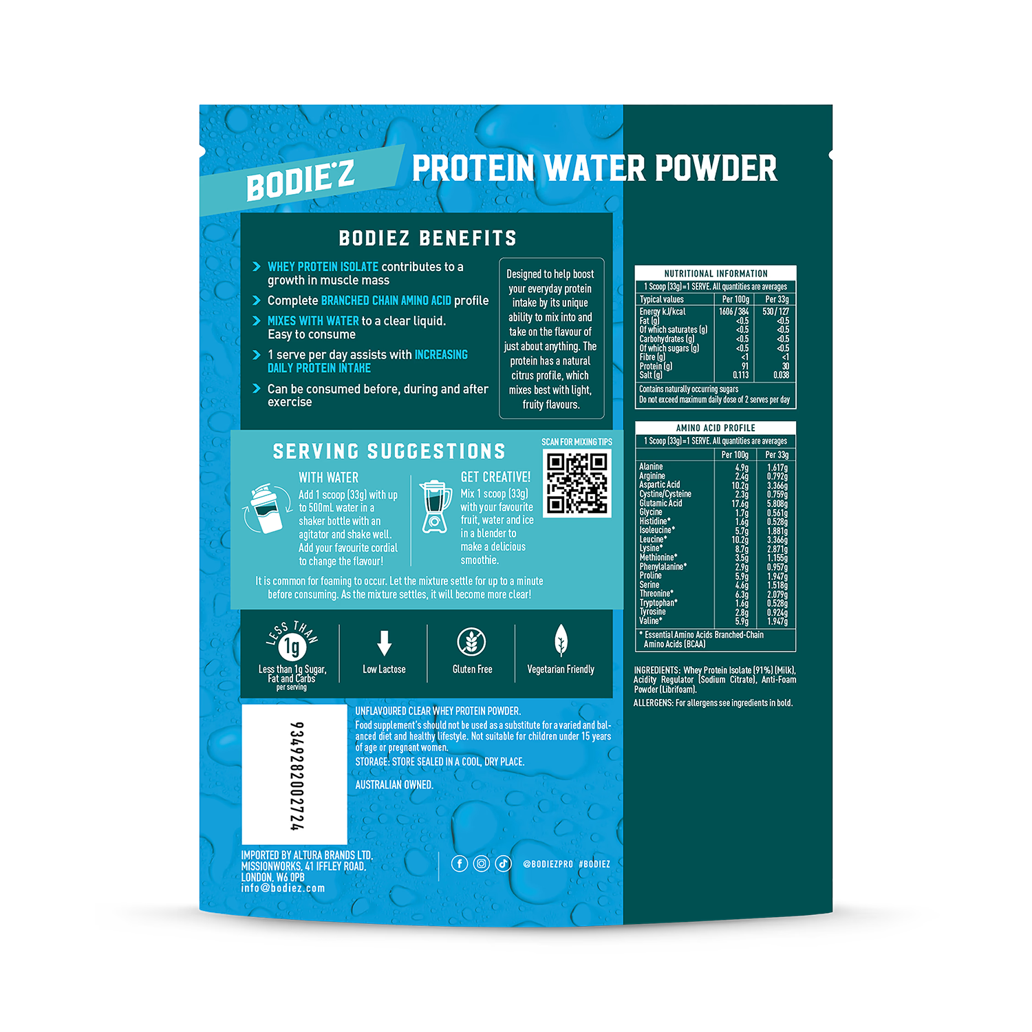 BODIE'Z protein water unflavoured 230g (British brand)