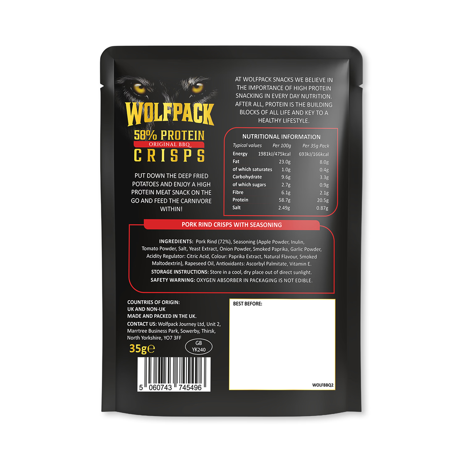 Wolfpack Protein Crisps 35g pork snack, UK version