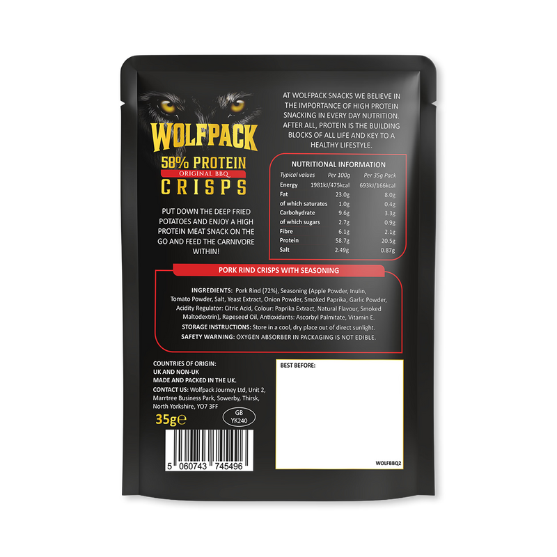 Wolfpack Protein Crisps 35g pork snack, UK version