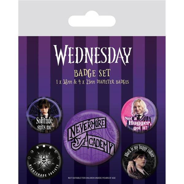 Wednesday Nevermore badge pack of 5, UK version