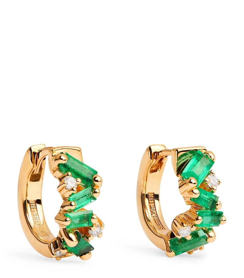 Suzanne Kalan yellow gold emerald diamond huggie earrings, UK version