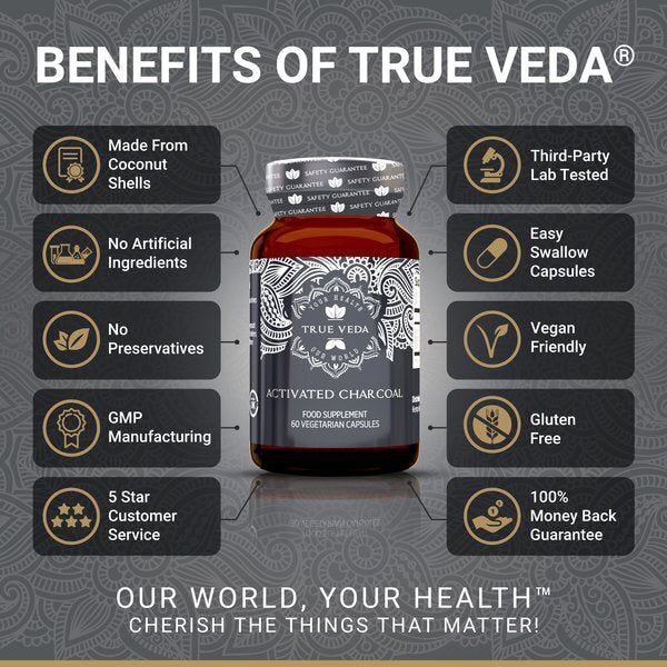 True Veda activated charcoal capsules 180 count - British product