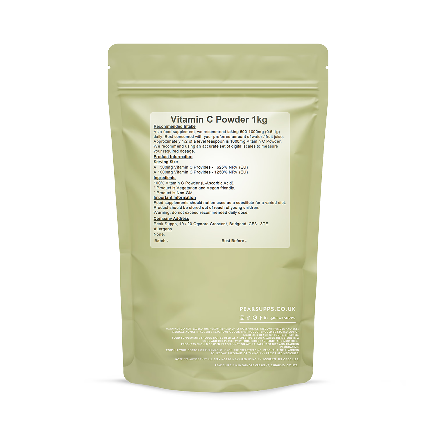 Peak Supps Vitamin C powder L-Ascorbic Acid 1kg (British brand)