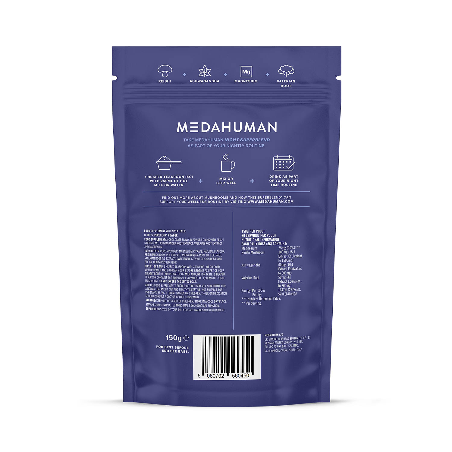Medahuman Night Superblend Powder 150g, imported from the UK