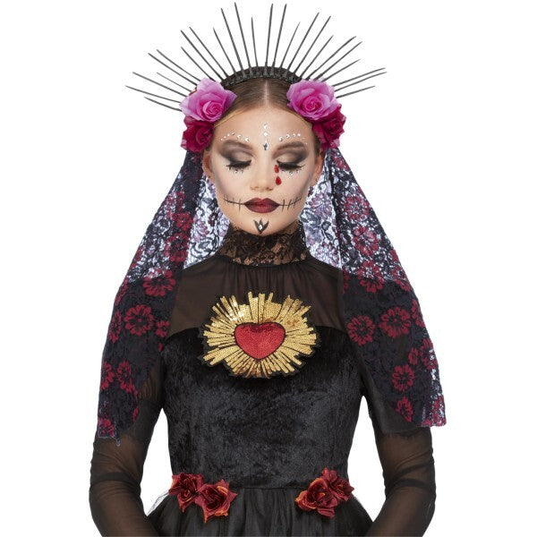 Smiffys Deluxe Sunburst Day of the Dead headband with roses and veil, UK version