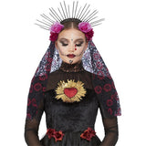 Smiffys Deluxe Sunburst Day of the Dead headband with roses and veil, UK version