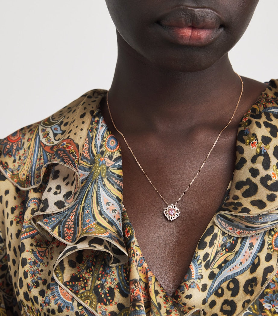 Suzanne Kalan princess flower rose gold necklace with diamonds and pink sapphire (British brand)