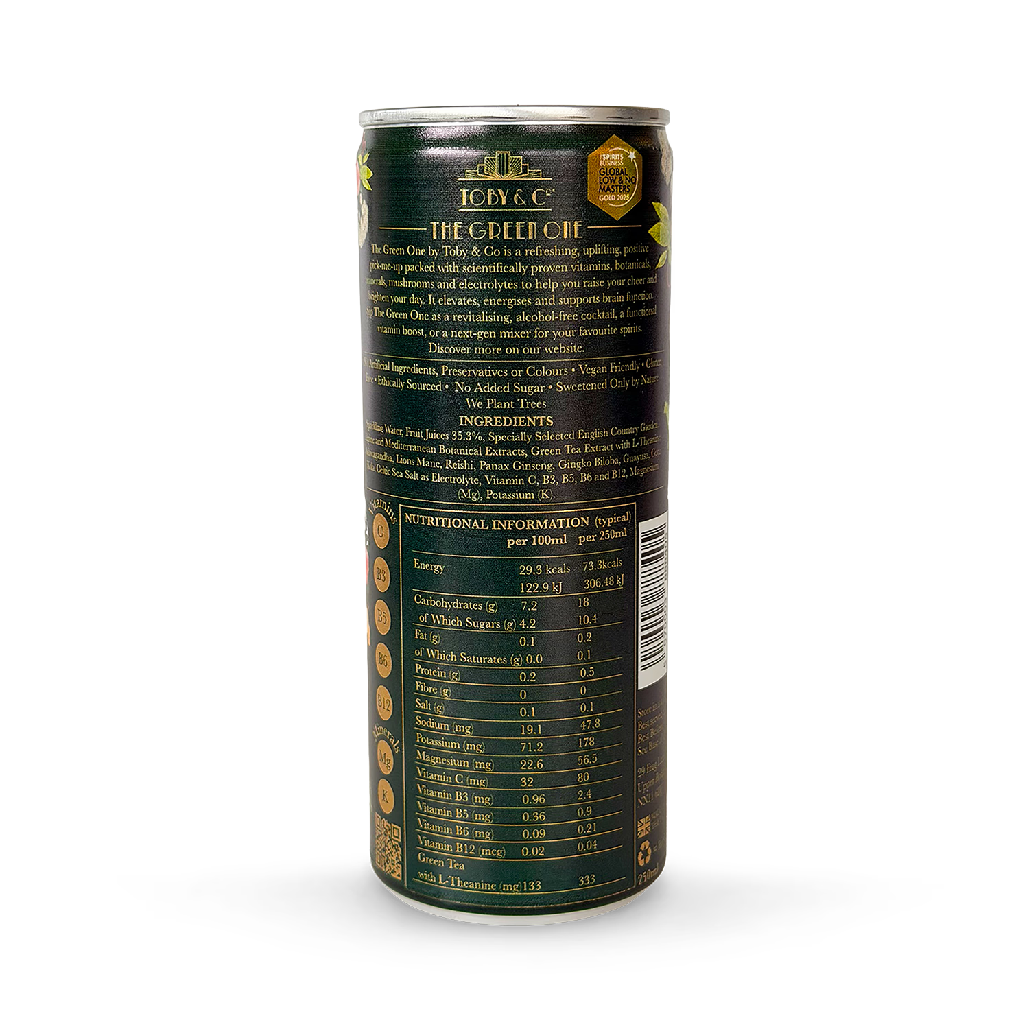 Toby & Co The Green One functional drink 250ml can pack (British brand)
