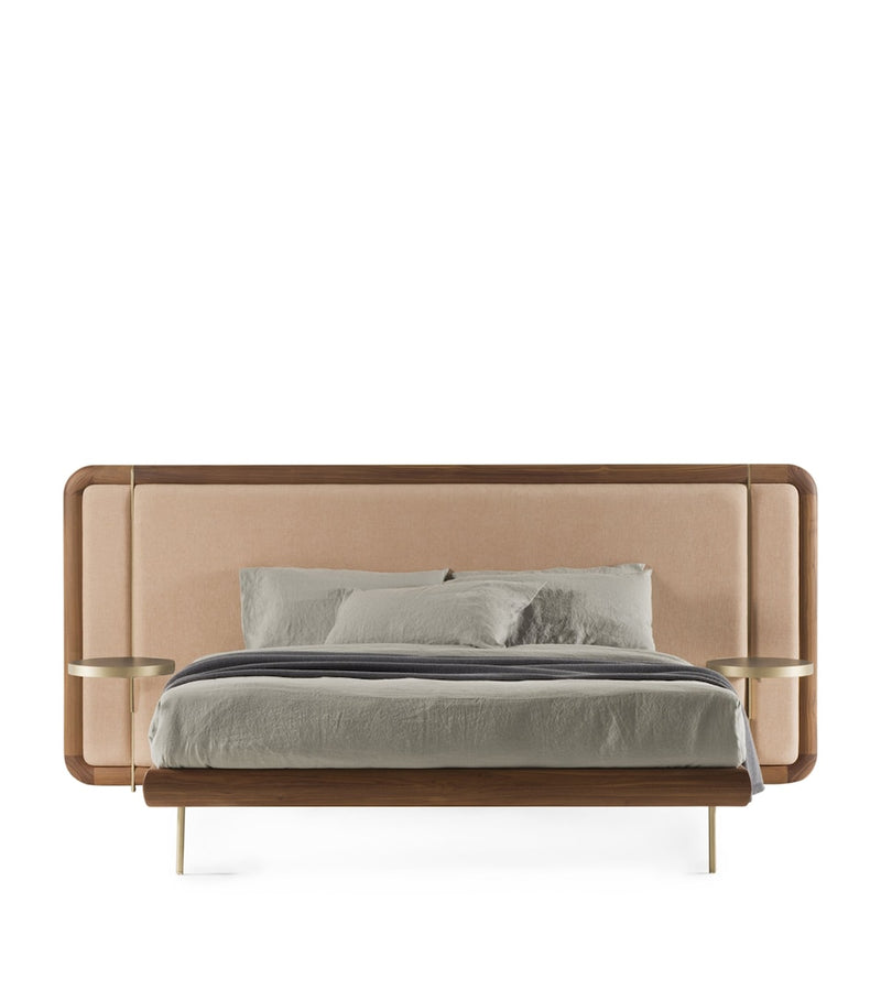 Minimalist Upholstered Bed with Adjustable Headboard and Walnut Wood Feet 240cm Wide