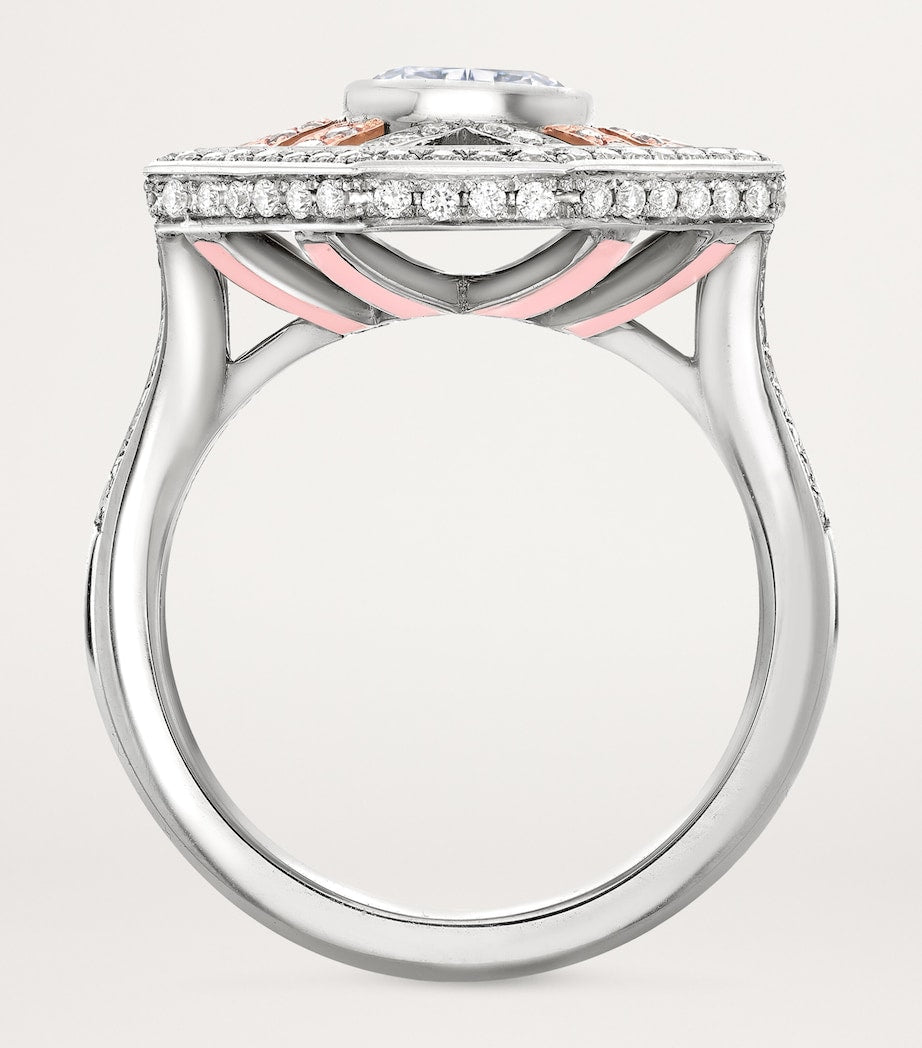 Boodles Ashoka diamond platinum ring with pink diamonds (British brand)