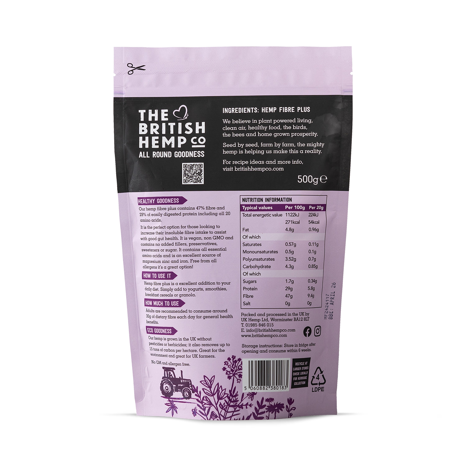 The British Hemp Co hemp fibre plus supplement 500g - British product