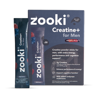 Holland & Barrett Zooki Creatine+ For Men Wild Berry Flavour Creatine Supplement Powder 30 Sachets- Buy online at McGrocer