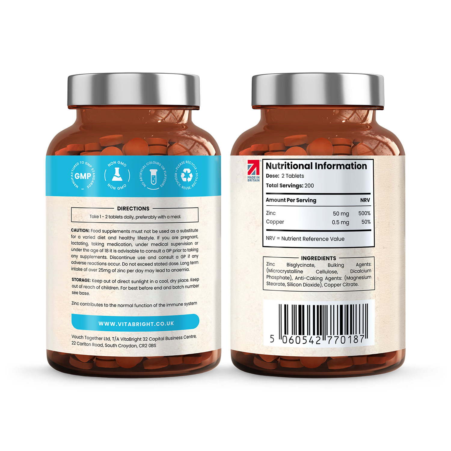 VitaBright Zinc Bisglycinate with Copper supplement 400 tablets, UK version