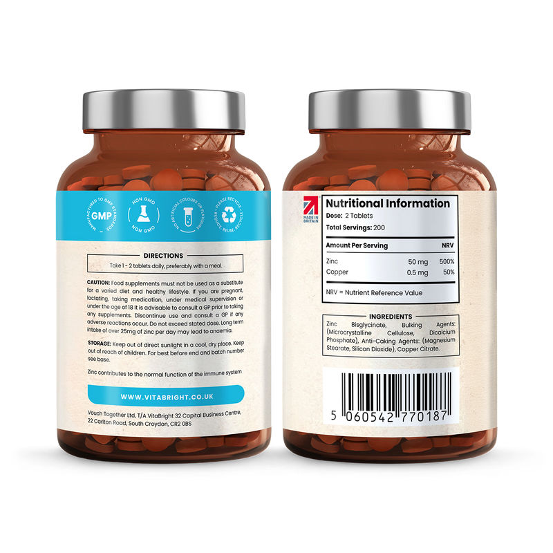VitaBright Zinc Bisglycinate with Copper supplement 400 tablets, UK version