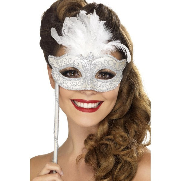 Fever Baroque Fantasy eyemask with silver feathers and handle (British brand)