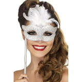 Fever Baroque Fantasy eyemask with silver feathers and handle (British brand)