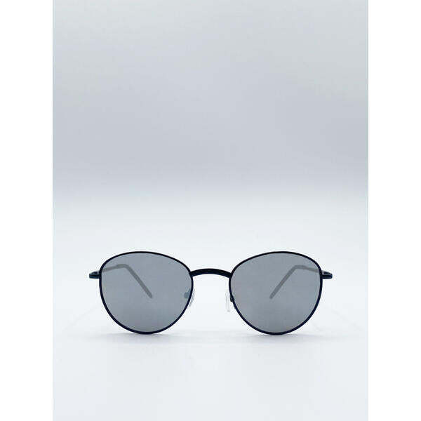 SVNX classic round sunglasses with mirror lenses and matte black frame (British brand)