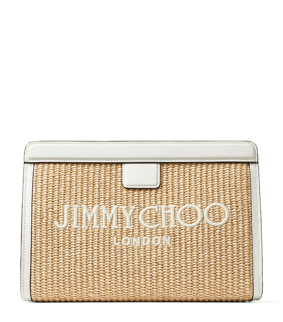 Jimmy Choo raffia leather-trim Avenue pouch, UK version