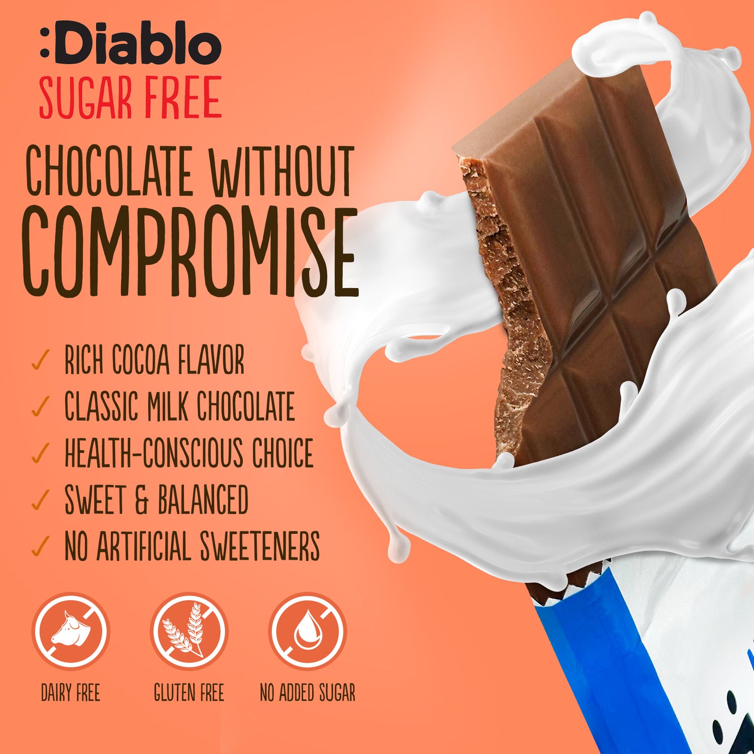 Diablo no added sugar milk chocolate bar 85g pack of 15 (British brand)
