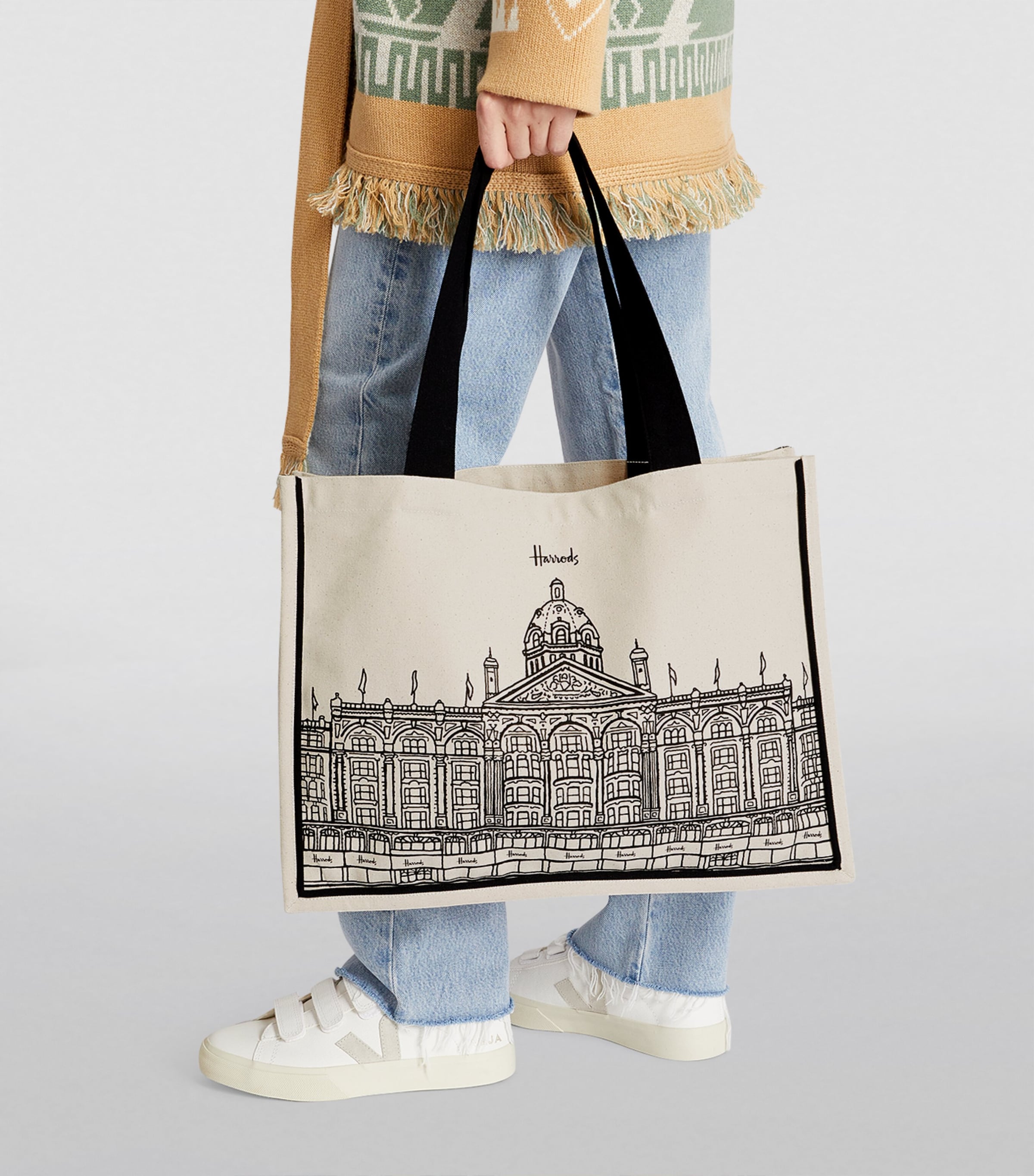 Harrods canvas tote bag with storefront outline - British product