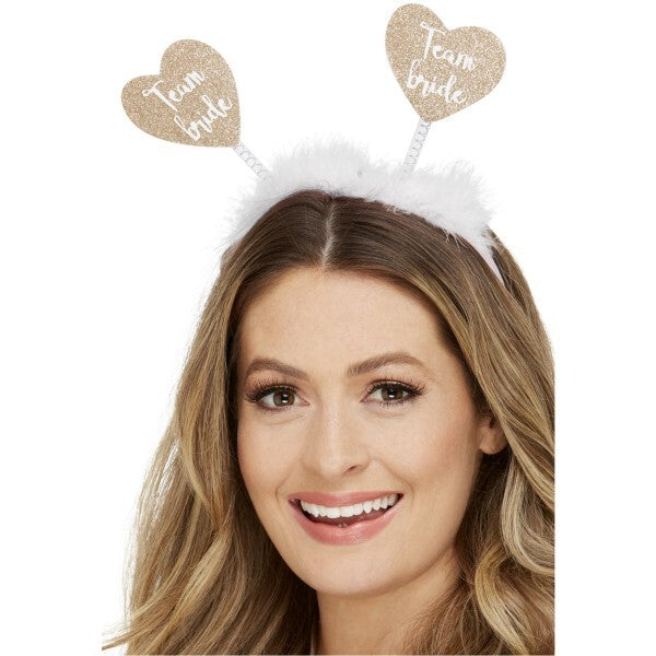 Smiffys white bride boppers with gold hearts and marabou (British brand)