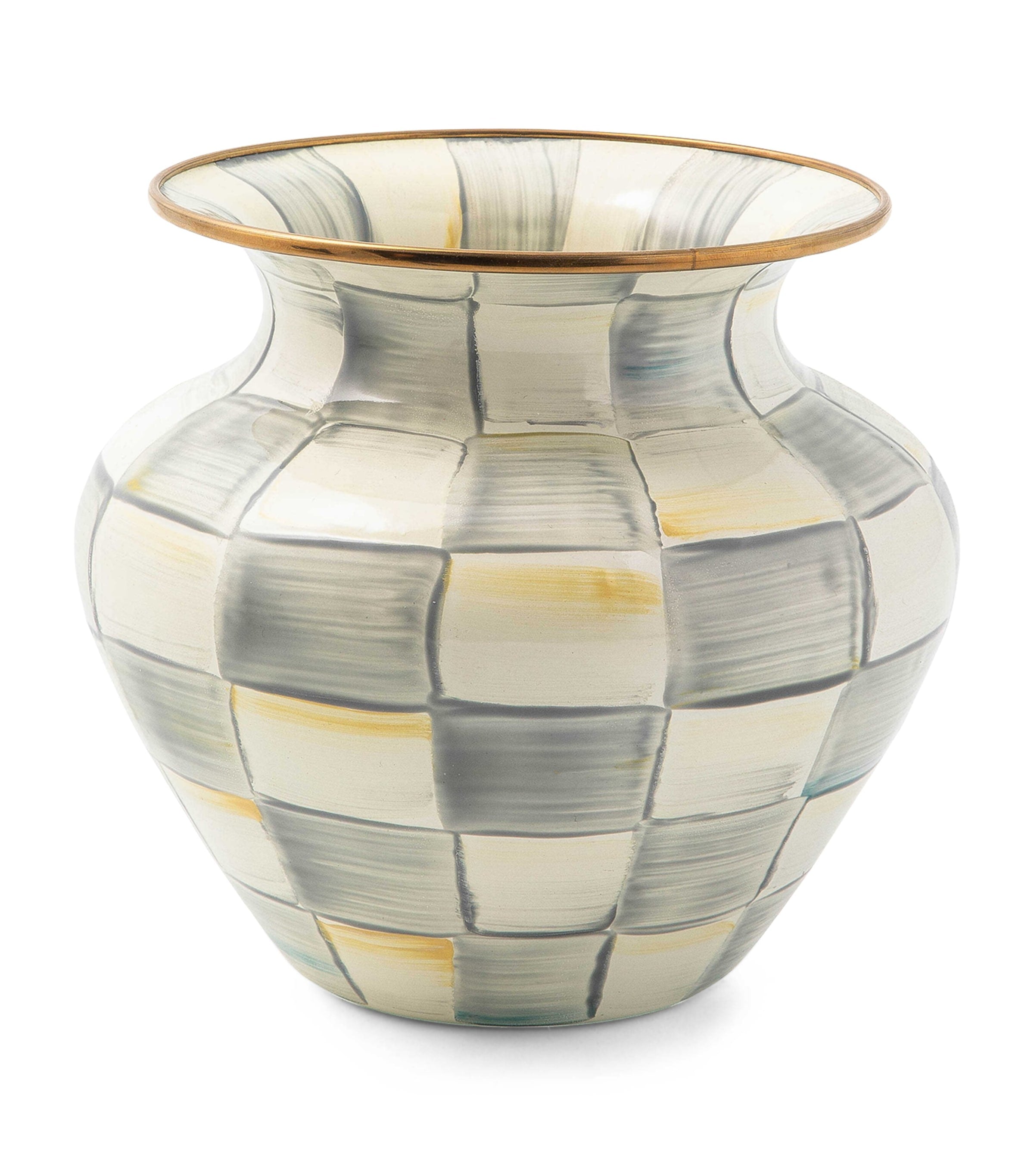 Large Hand-Painted Check Vase with Bronzed Rim 18cm