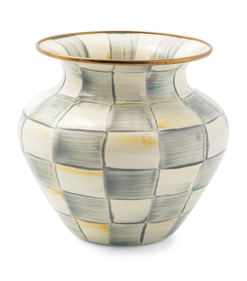 Large Hand-Painted Check Vase with Bronzed Rim 18cm