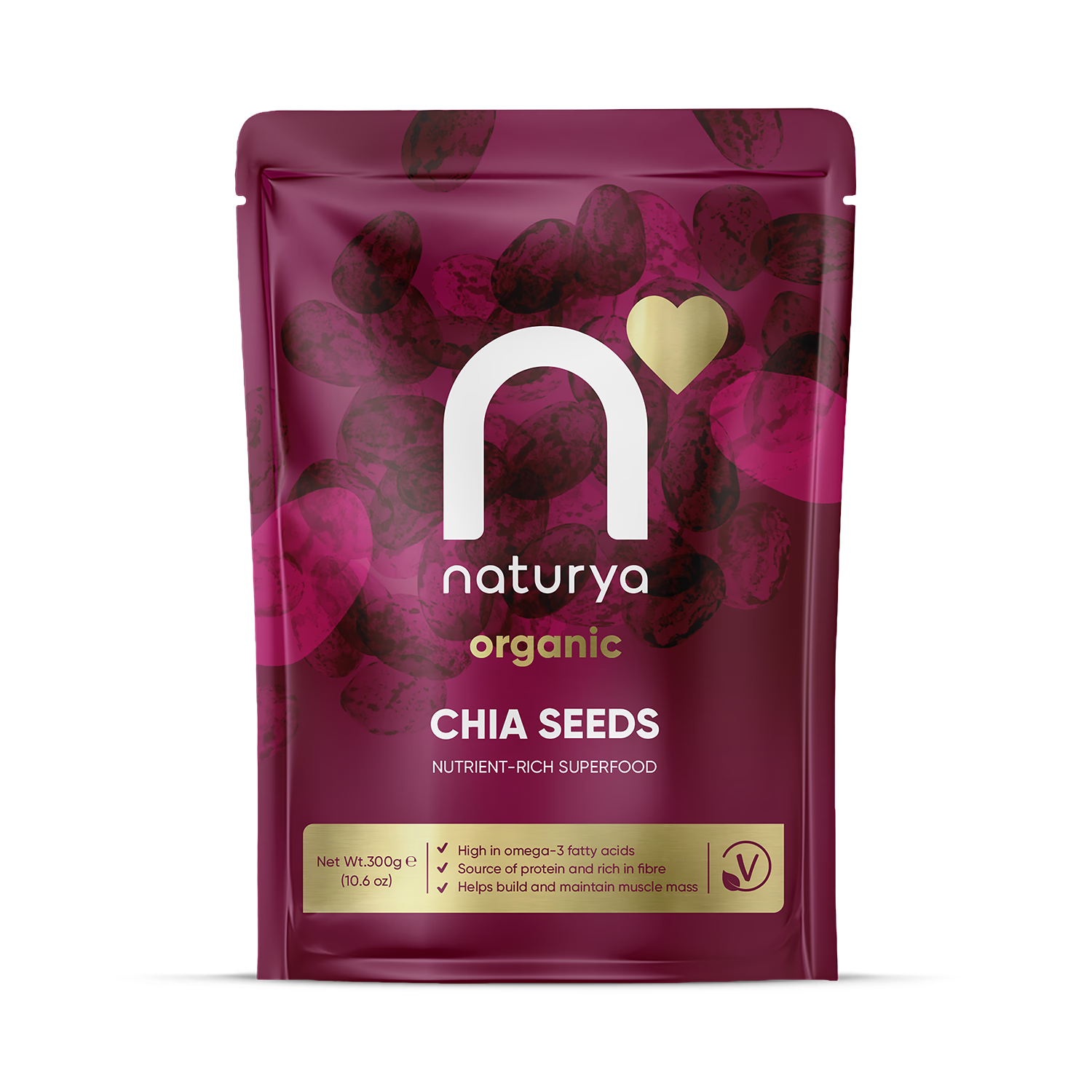 Naturya Organic Chia Seeds 300g pouch, imported from the UK
