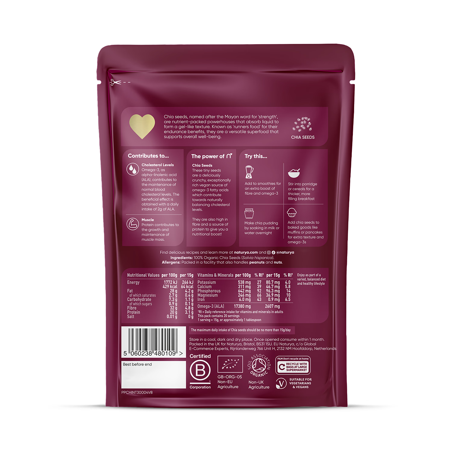 Naturya Organic Chia Seeds 300g pouch, imported from the UK