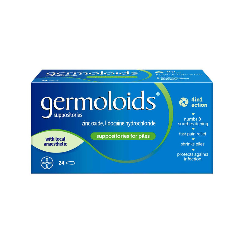 Germoloids suppositories 24 pack for haemorrhoid relief, UK version.