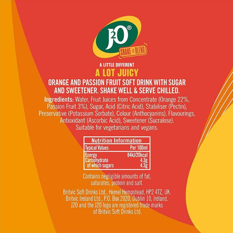 J2O Orange & Passion Fruit soft drink 10x275ml (British brand)
