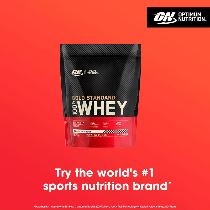Optimum Nutrition Whey Cookies & Cream 480g, imported from the UK