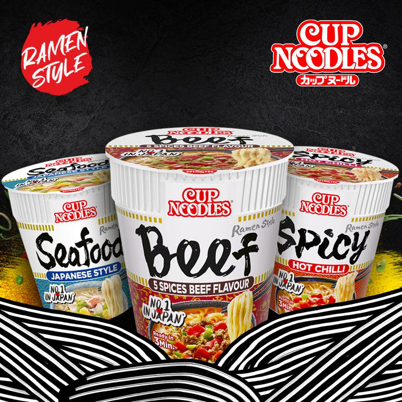 Nissin Cup Noodles 5 Spices Beef Flavour Pot 64g, imported from the UK
