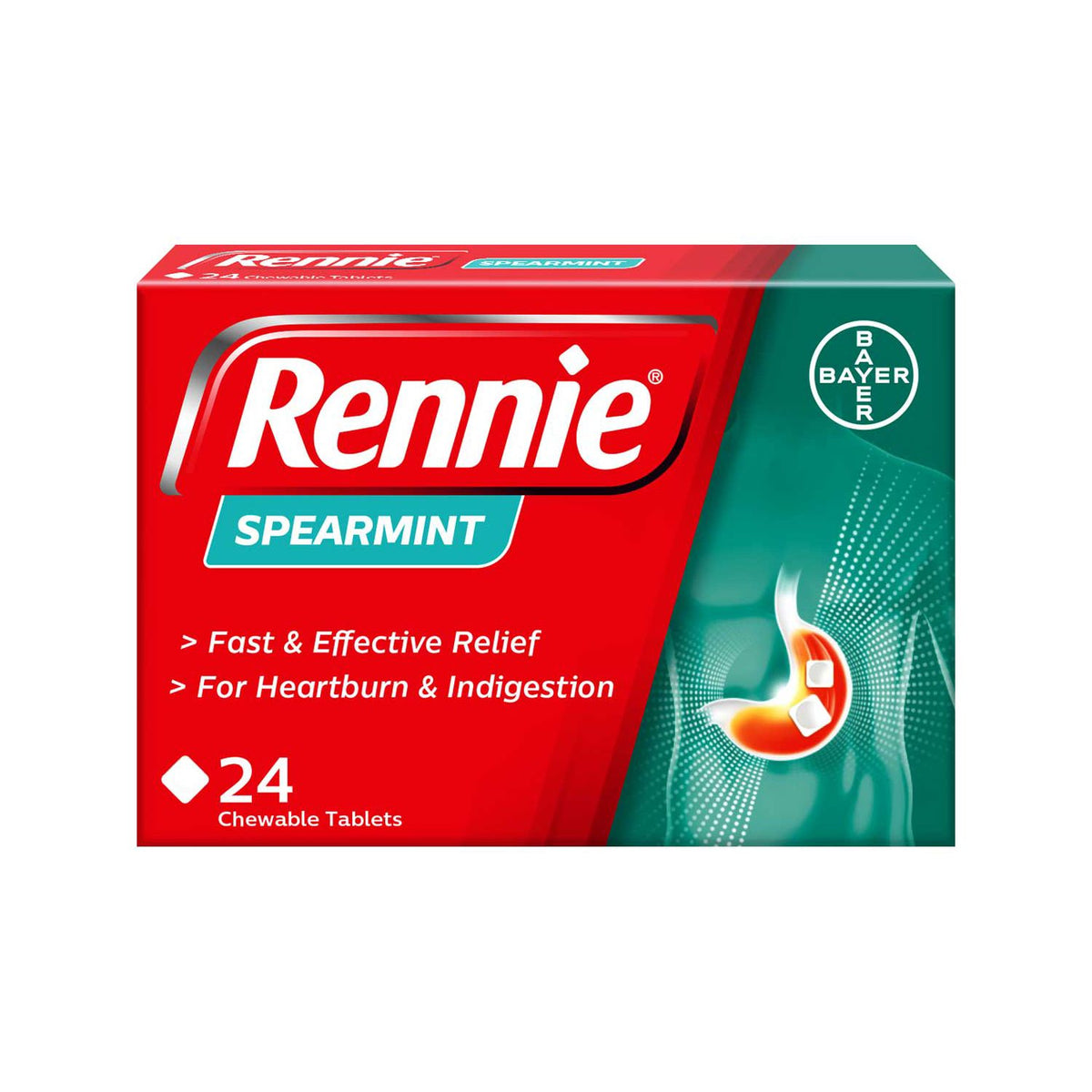 Rennie spearmint antacid tablets 24, imported from the UK