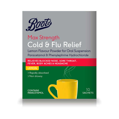 Boots Max Strength Cold & Flu Relief Lemon Flavour Powder 10 Sachets