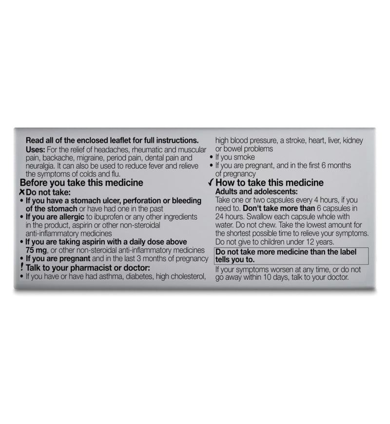 Boots ibuprofen 200mg pain relief capsules 16 count - British product