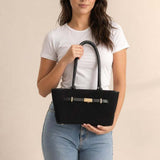 SVNX faux suede top-handle shoulder bag in black (British brand)