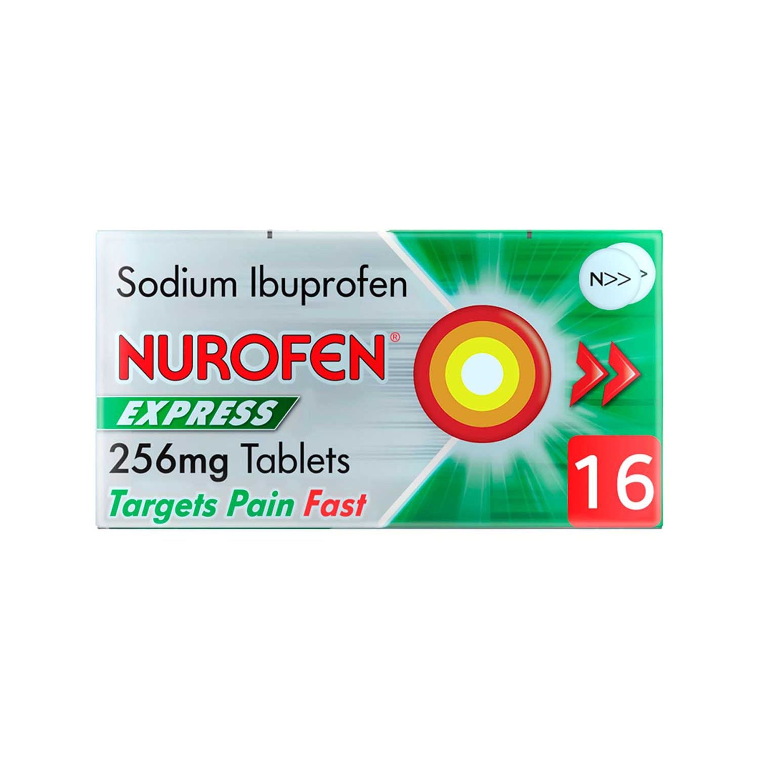 Nurofen Express Sodium Ibuprofen Tablets 256mg Pack 16, imported from the UK