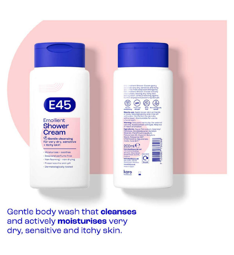E45 Feuchtigkeitsspendende Duschcreme für trockene Haut 200ml - Britisches Produkt