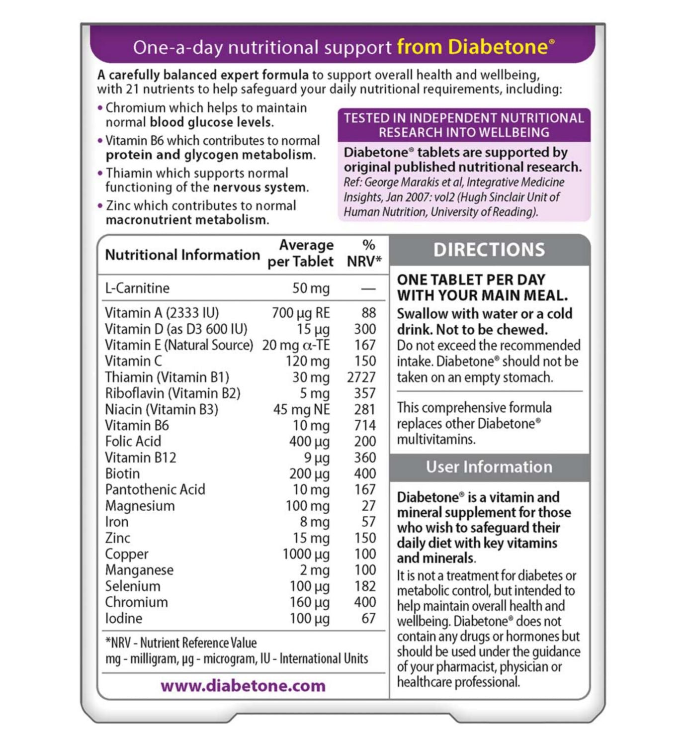 Vitabiotics Diabetone multivitamin supplement 30 tablets - British product