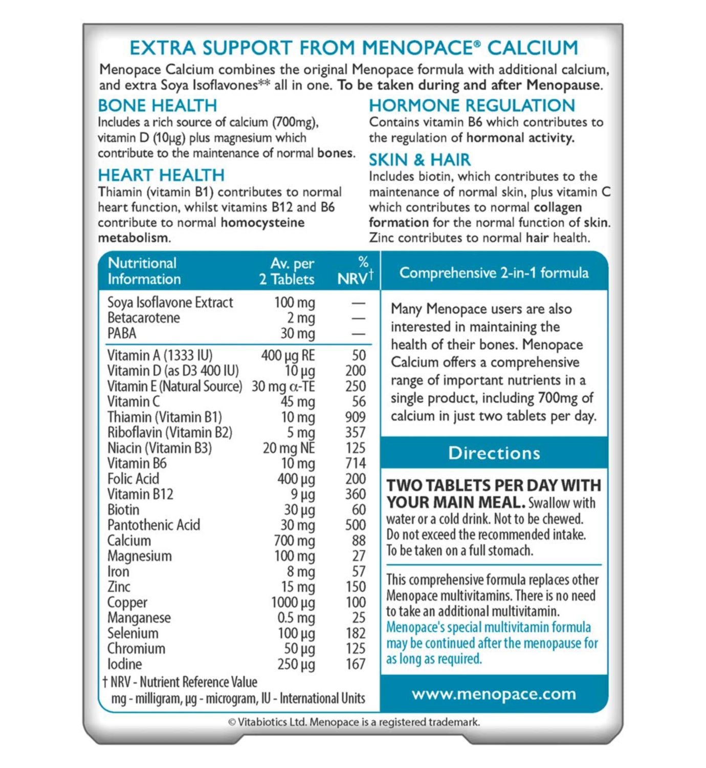 Comprimés Vitabiotics Menopace Calcium 60, version UK
