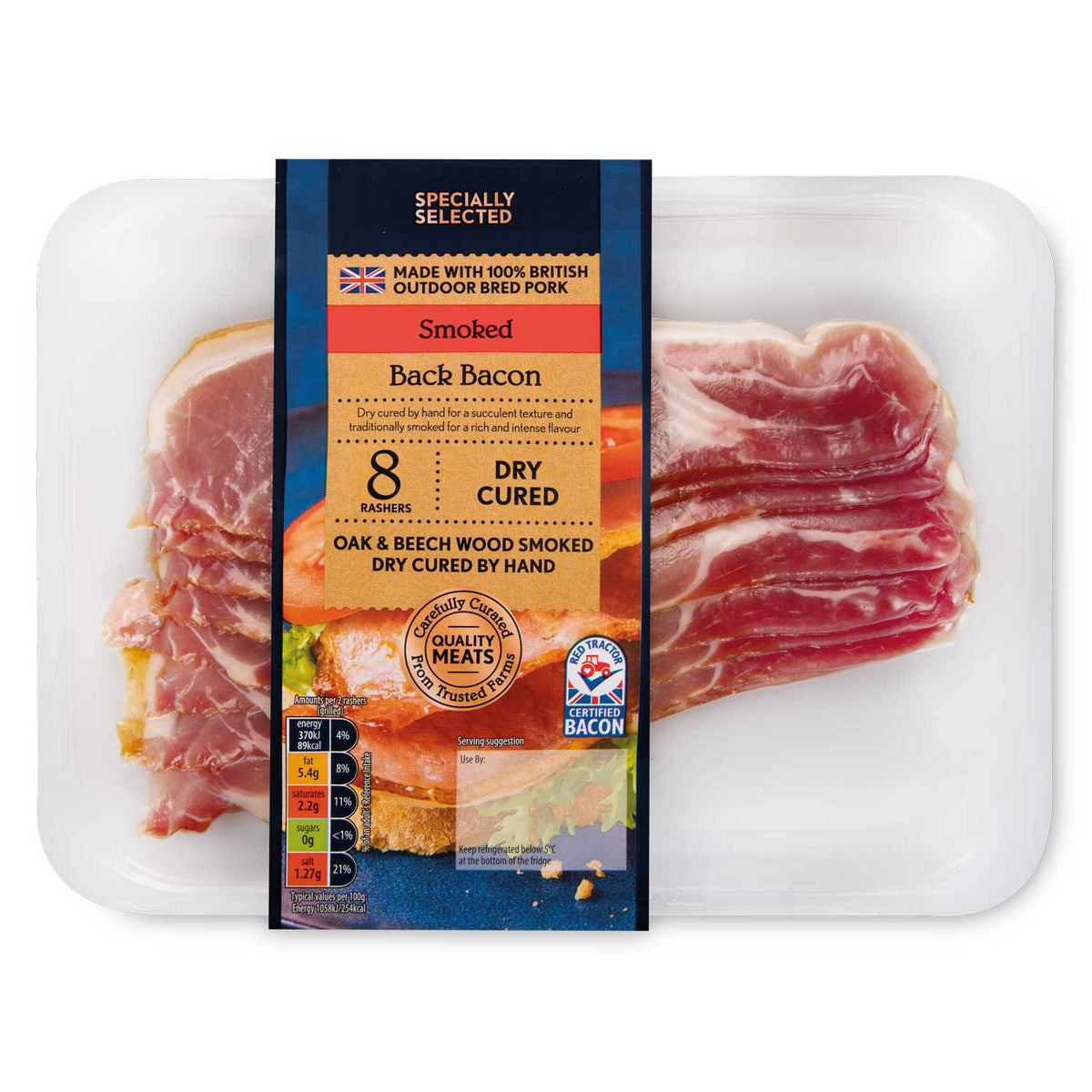 100% British pork dry cured smoked back bacon 8 pack, UK version